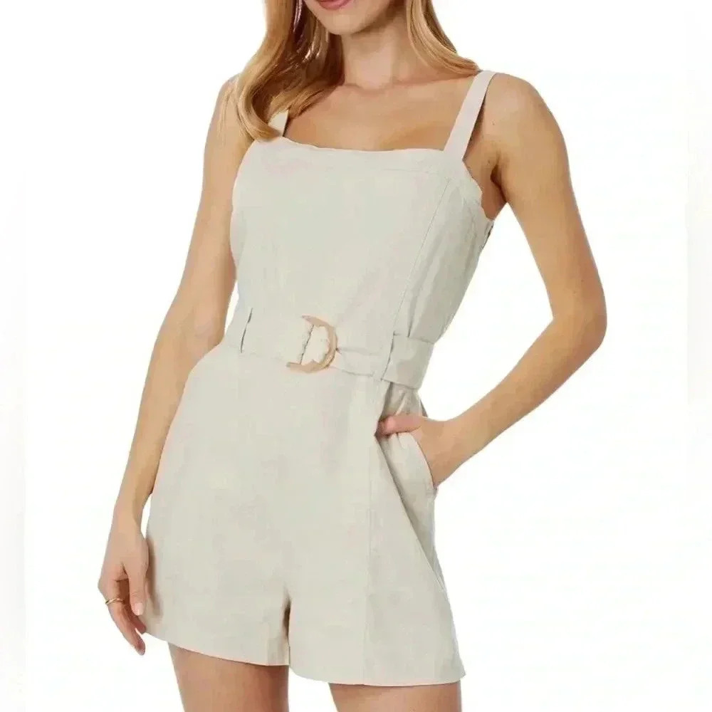 Blank NYC Linen Cotton Belted Romper Sandshell Beige Size L NWT